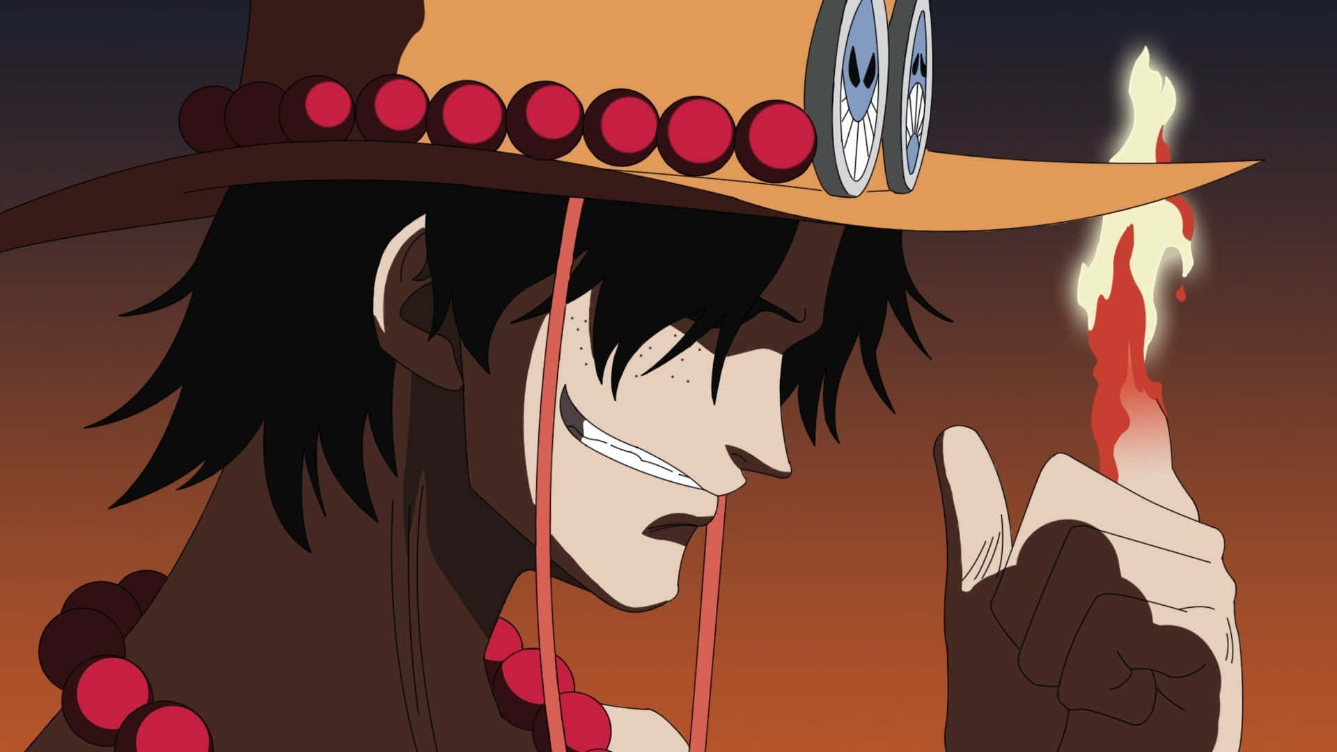 Side profile of ace with his index finger on fire